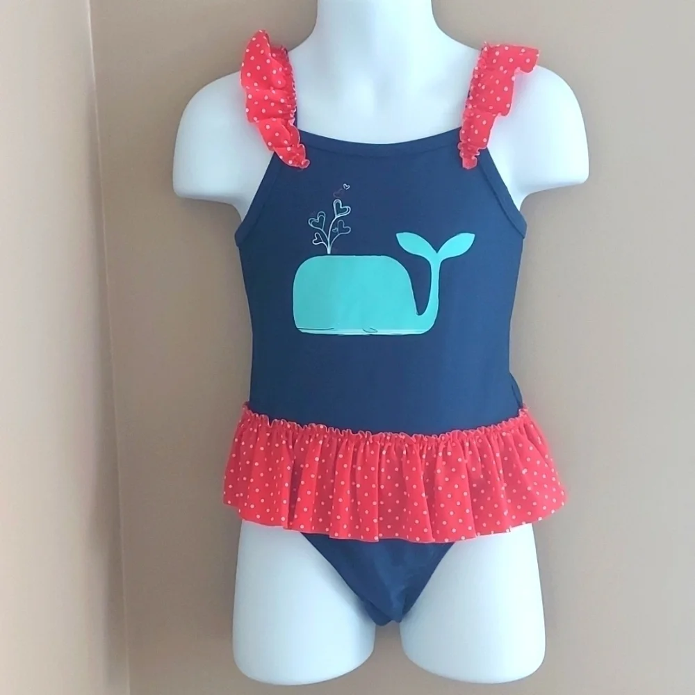Cat & Jack 1pc swimsuit ruffle tutu polka dot - red blue whale - size 3T